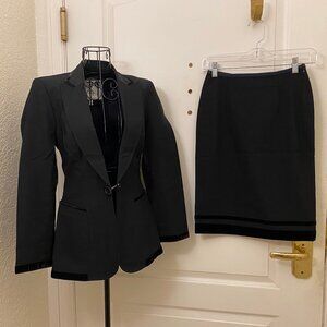 Vintage Moschino Jeans Black Skirt Suit with Velvet Trimming Detail Size 4 & 6
